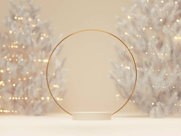 istock 3D podium display, Christmas background for product presentation or text.  Christmas tree with lights. Minimal Beige pedestal showcase with round rim frame. Abstract, winter 3D render. 1288472895