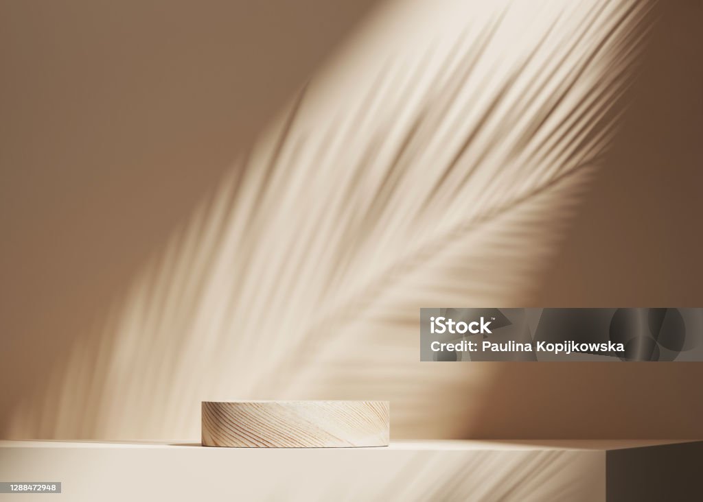 3D background, wood pedestal podium on natural palm leaf shadow pastel beige backdrop. Tropical product promotion Beauty cosmetics wooden display. Nude Studio Minimal showcase 3D render advertisement. Social media or online shop banner for product presentation Backgrounds Stock Photo