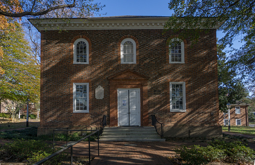 Stafford, Virginia, USA, November 2, 2020:  Historic Episcopal Falls Church built in early 1700, where both George Mason and George Washington served as vestrymen.