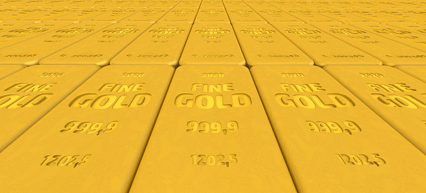 A lot of ingots of 999.9 Fine Gold lie in a row on white surface. 3D illustration