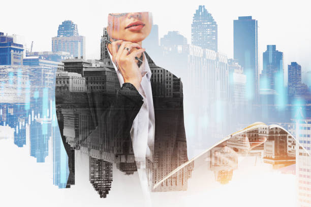 istock Woman with notebook in city, financial graph 1288474060
