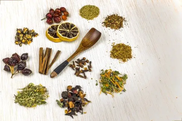 Green tea, black tea, fruit and herbal tea, sencha, ginger. Flat lay. Food concept. Herbal tea against the flu. Alternative medicine. Treatment of colds and flu.