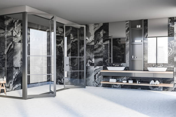 istock Modern white black bathroom corner with sink and shower 1288475622