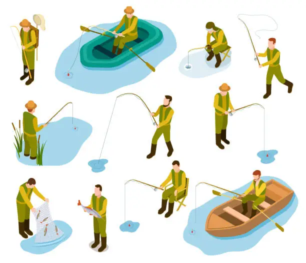 Vector illustration of Fisherman isometric. Fishing in river pond sea tackle rubber fish bucket boat fishing rod 3d isometric vector set