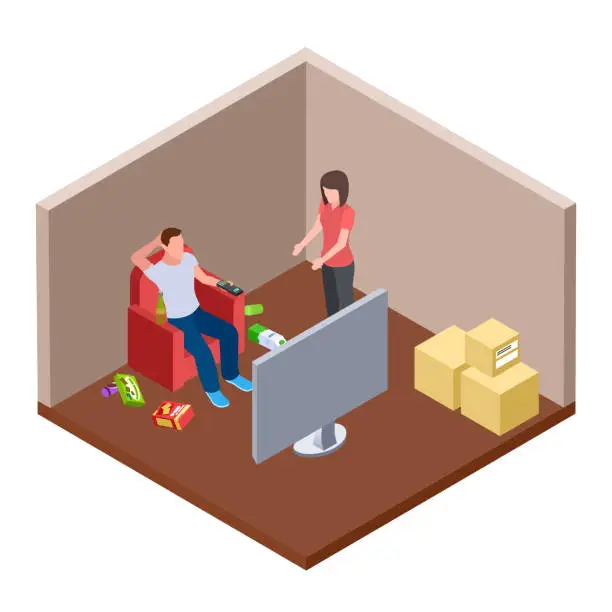 Vector illustration of Lazy husband watching TV with beer and garbage, wife swears - family isometric vector concept