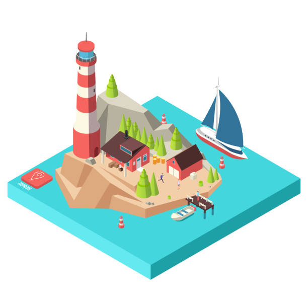 isometrischer leuchtturm. insel mit turm und haus, bäume und boot auf see und menschen isometrische vektor-illustration - isometric sea coastline beach stock-grafiken, -clipart, -cartoons und -symbole