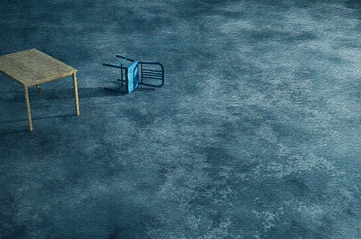 Acuarela filtrada 3D renderizado, mostrando un espacio casi vacío, a la excepción de una mesa y una silla en el suelo. photo