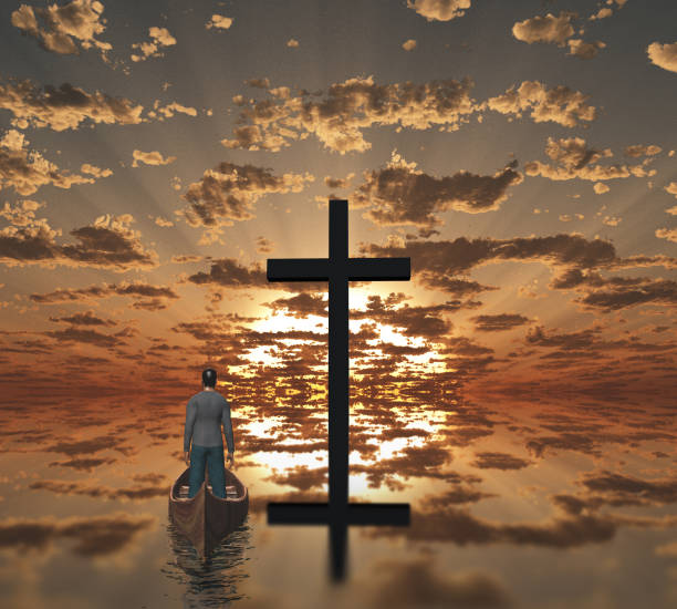 Man with boat near giant cross with sunrise background. 3D rendering