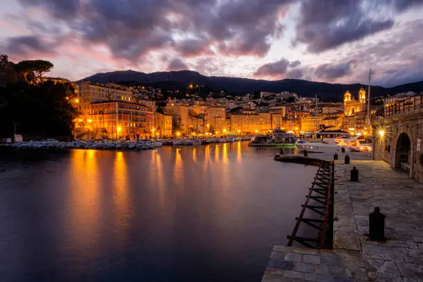 The old harbor (Vieux-Port) of Bastia, Corsica, France at sunset.