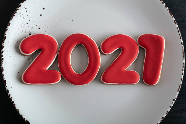 istock Numbers 2021 from gingerbread 2021 on white plate, close up. New year concept 1288481087