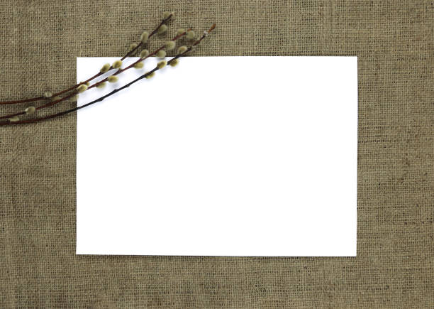 istock Willow branches with catkins on a background of burlap and space for text. concept: holiday card mockup 1288482161