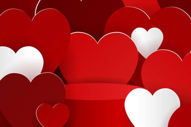 istock Realistic round display podium mockup. Valentine red scene with hearts and cylinder platform for product show. Vector illustration of pedestal for love gift 1288482436