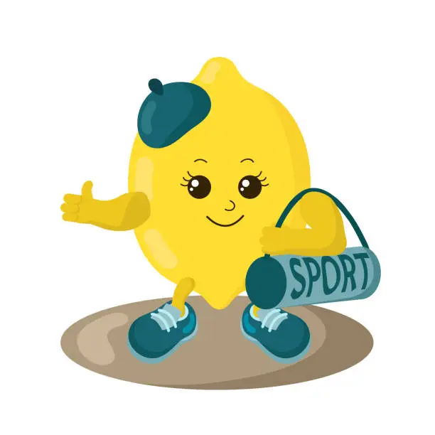 Vector illustration of Cute strong lemon athlete with sneakers and sports bag