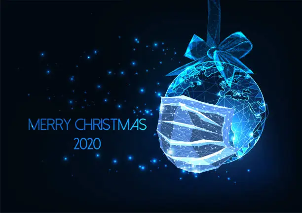 Vector illustration of Futuristic Pandemic Christmas web banner with glowing low polygonal earth globe with medical mask