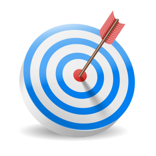 istock Traditional archery target with blue rings and red arrow in bullseye 1288485901