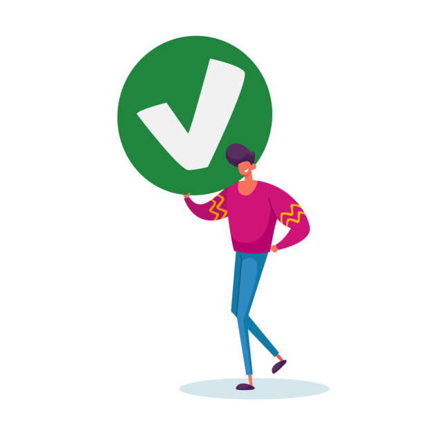 ilustraciones, imágenes clip art, dibujos animados e iconos de stock de businessman hold sign with green check mark, yes symbol, male character agree with social opinion, acceptance, voting - voters agree