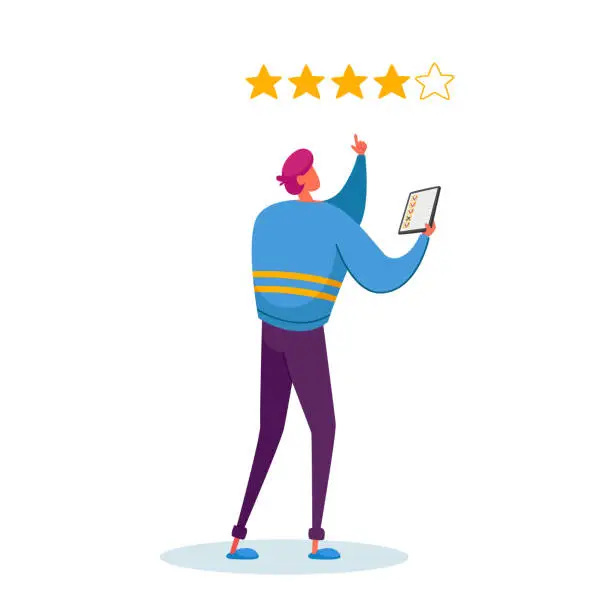 Vector illustration of Male Character with Smartphone in Hands Put Gold Rating Stars in App. Customer Leaving Feedback, Ranking Evaluation