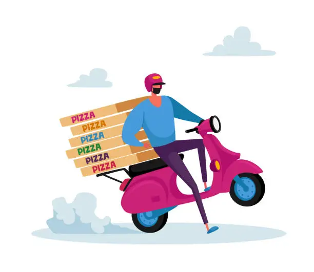 Vector illustration of Safe Food Delivery. Courier Character in Mask Delivering Grocery Order to Customer Home During Coronavirus Pandemic