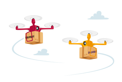 Quadcopter Remote Freight Shipping, Business Air Transportation. Goods Shipment Concept. Drones Delivery Boxes Flying in Blue Sky with Clouds Isolated on White Background. Cartoon Vector Illustration