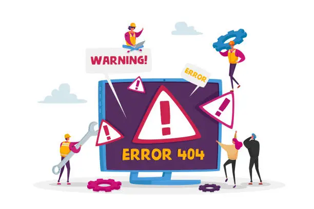 Vector illustration of Website Error 404 Page with Tiny Characters Holding Tools for Repair. Page Not Found , Broken Internet Connection