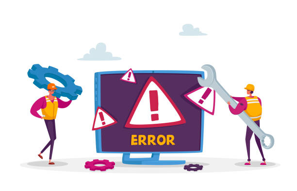 ilustrações, clipart, desenhos animados e ícones de erro do sistema, site em construção. manutenção de 404 páginas. pequenos personagens de trabalhadores masculinos em uniforme com chave inglesa - mistake