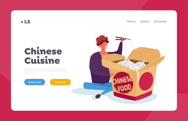 Asian Fastfood, Lunch Meal Landing Page Template. Tiny Man Holding Wooden Chopsticks in Chinese Fast Food Restaurant Asian Fastfood, Lunch Meal Landing Page Template. Tiny Man Holding Wooden Chopsticks in Chinese Fast Food Restaurant Sitting near Huge Takeaway Wok Box Eating Noodles. Cartoon Vector Illustration large pasta pot stock illustrations
