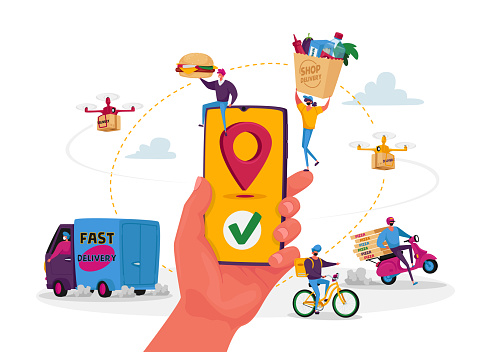 Characters Use Online Food Delivery Service. Hand with Smartphone and App for Ordering and Delivering Parcels to Consumers. Technology Express Shipping of Goods. Cartoon People Vector Illustration