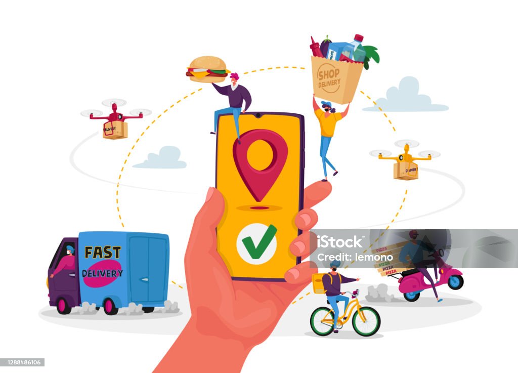 Characters Use Online Food Delivery Service. Hand with Smartphone and App for Order and Delivering Parcels to Consumers Characters Use Online Food Delivery Service. Hand with Smartphone and App for Ordering and Delivering Parcels to Consumers. Technology Express Shipping of Goods. Cartoon People Vector Illustration Delivering stock vector