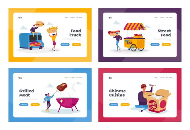 Vector illustration of Characters Buying Street Food Landing Page Template Set. Tiny People with Huge Fastfood Burger, Hot Dog, from Food Truck