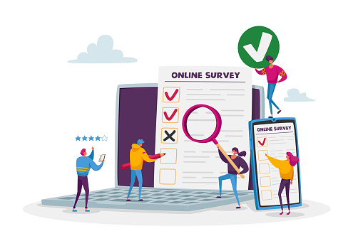 Online Survey Concept. Tiny Male and Female Characters Filling Digital Form on Huge Laptop and Smartphone Application. Customer Feedback, Service Rate, Voting. Cartoon People Vector Illustration