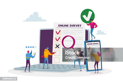 istock Online Survey Concept. Tiny Male and Female Characters Filling Digital Form on Huge Laptop and Smartphone Application 1288486122