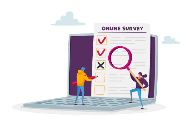 Online Survey, Customer Feedback, Service Rate, Voting Concept. Tiny Male and Female Characters Filling Digital Form Online Survey, Customer Feedback, Service Rate, Voting Concept. Tiny Male and Female Characters with Pencil and Magnifier Filling Digital Form on Huge Laptop Screen. Cartoon People Vector Illustration student illustrations stock illustrations