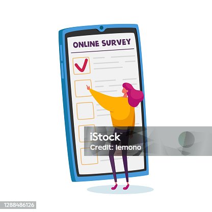 istock Tiny Female Character Filling Online Survey Form on Huge Smartphone Screen. Voters Questionnaire, Customers Feedback 1288486126
