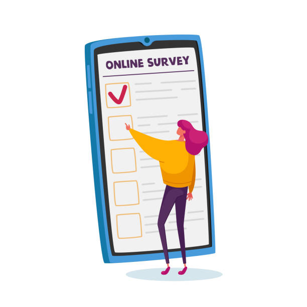 Tiny Female Character Filling Online Survey Form on Huge Smartphone Screen. Voters Questionnaire, Customers Feedback Tiny Female Character Filling Online Survey Form on Huge Smartphone Screen. Voters Questionnaire, Customers Feedback, Polling Procedure. Woman Express Society Opinion. Cartoon Vector Illustration asking illustrations stock illustrations
