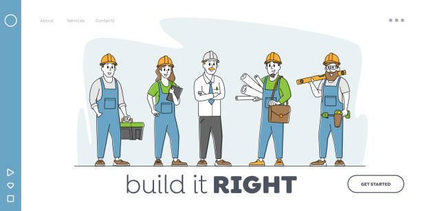 Builder, Worker Constructors Landing Page Template. Engineers with Tools and Blueprints. Architects with House Plan Builder, Worker Constructors Landing Page Template. Engineer Characters with Tools and Blueprints. Architects with House Plan, Professional Architecture Building. Linear People Vector Illustration building contractor illustrations stock illustrations