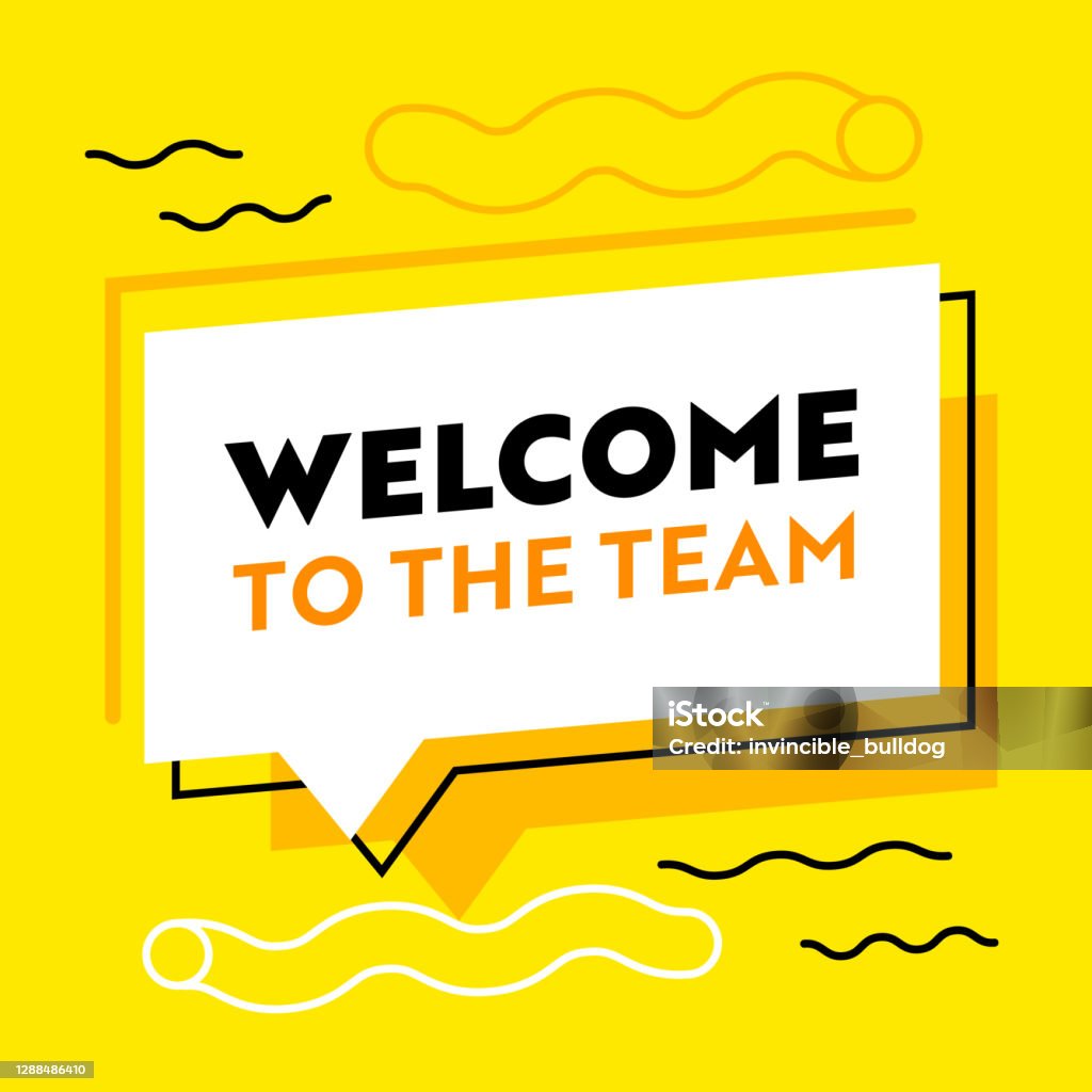 Bienvenido al estandarte del equipo para la agencia de contratación de empleo con patrón abstracto sobre fondo amarillo con burbuja de voz - arte vectorial de Saludar libre de derechos
