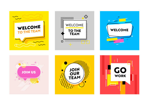 ilustrações de stock, clip art, desenhos animados e ícones de set of banners welcome and join our team with abstract trendy pattern. headhunting and human resource research concept - greeting