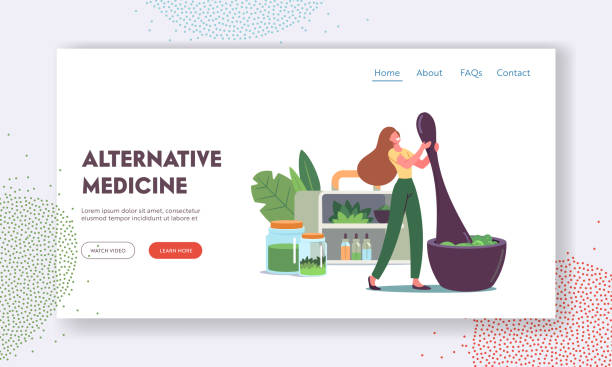 Traditional Medicine Landing Page Template. Tiny Female Character Grind Plants and Natural Ingredients in Huge Mortar Traditional Medicine Landing Page Template. Tiny Female Character Grind Plants and Natural Ingredients in Huge Mortar for Making Ayurvedic Remedy, Herbs or Plants on Shelf. Cartoon Vector Illustration pow wow stock illustrations