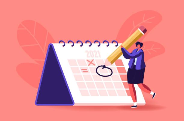 ilustrações de stock, clip art, desenhos animados e ícones de female character circle date on huge calendar planning important matter. time management, work organization, reminder - two dimensional shape illustrations