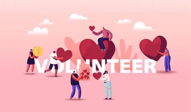 Vector illustration of Volunteers Charity Concept. Tiny Male or Female Characters Throw Huge Hearts and Coins Into Box for Donations, Donate
