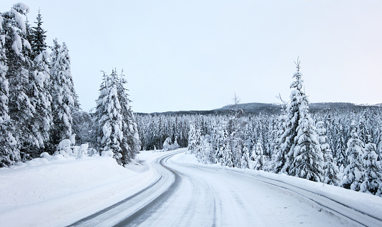 Driving on a slippery road in January, Oppland Norway