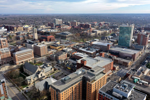 Aerial View of Ann Arbor and the University of Michigan Downtown Ann Arbor, Hill Auditorium and the University of Michigan campus. michigan stock pictures, royalty-free photos & images