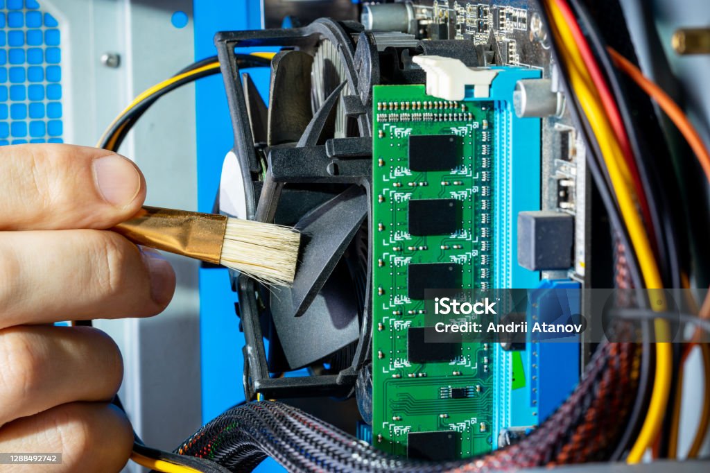 Computer Hardware Cleaning Technician Worker Sweeping Dust Inside Desktop Pc Hardware Dust ...