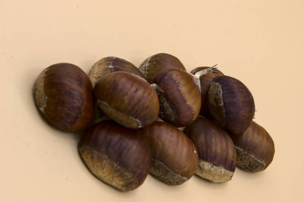 istock In the foreground on a white background a group of chestnuts. 1288495343