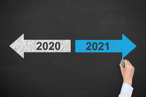 istock Human Hand Drawing Old Year or New Year 2021 on Blackboard Background 1288500555