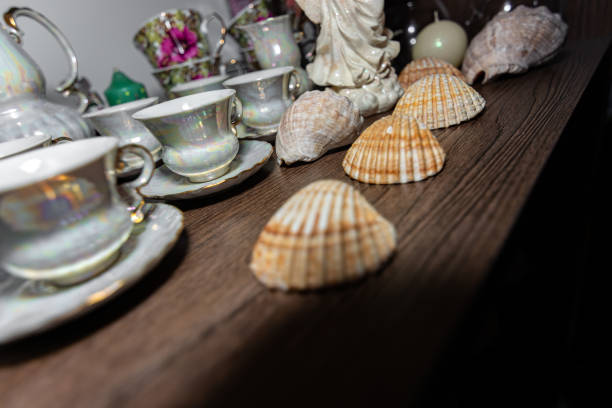 Household items on a sideboard shelf behind glass. Tourist souvenirs, cups, shells.
