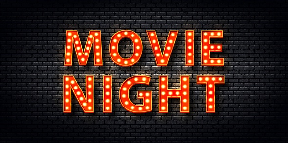 Vector realistic isolated retro marquee billboard with electric light lamps of Movie Night logo for template decoration and covering on the wall background.