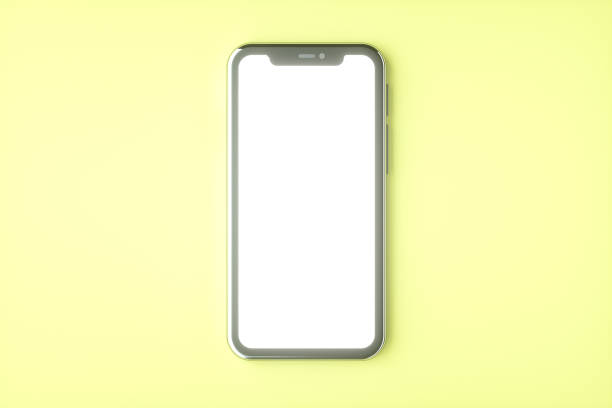 istock Realistic smartphone mockup set, 3d render. Mobile phone blank, white screen design. Yellow color 1288504407