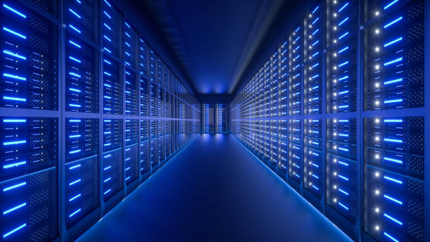 interno della sala server nel data center. rendering 3d - network server tower rack computer foto e immagini stock