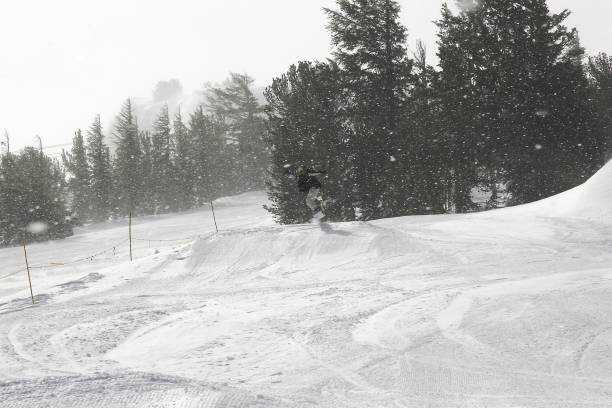 A young female snowboarder having fun on slopes on a stormy day
